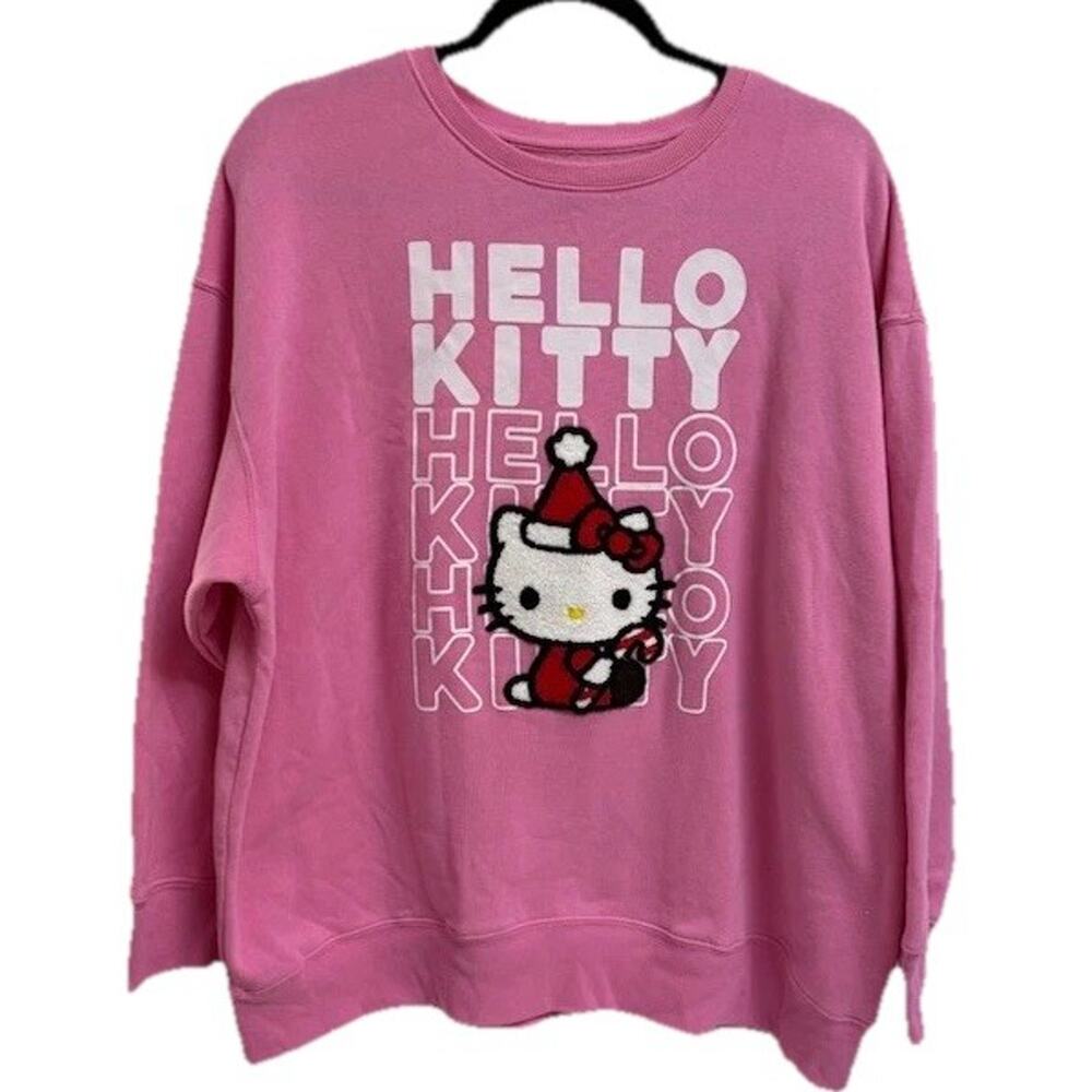 Hello Kitty Christmas Sweatshirt Womens L Pink Santa Applique Fleece Sanrio